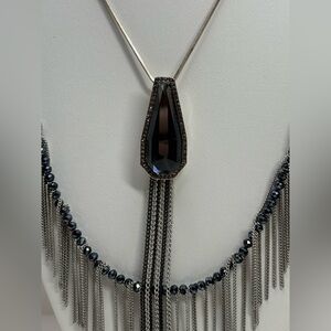 Xlong smoky grey and metallic blue tassels Necklace set